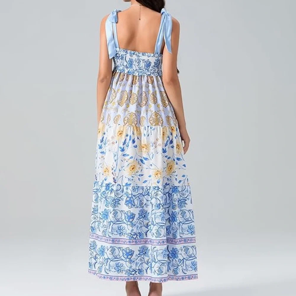 Floral Blue and White, Tie Shoulder Maxi Dress w/ pockets, Size Small - Picture 10 of 11